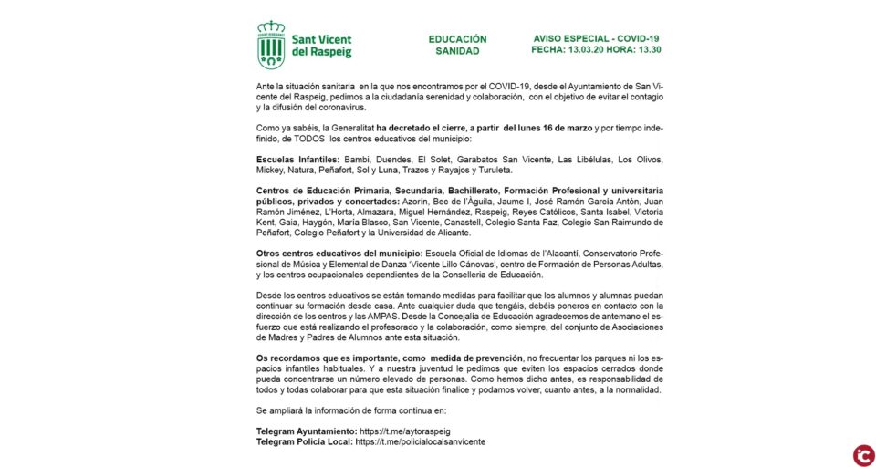 El Ayuntamiento de Sant Vicent del Raspeig emite un nuevo comunicado de medidas con respecto al COVID-19