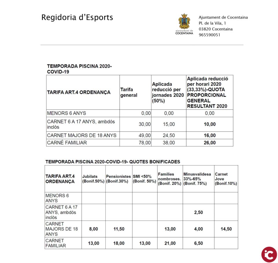 Cocentaina publica les taxes i la normativa de funcionament de la Piscina Municipal per al 2020