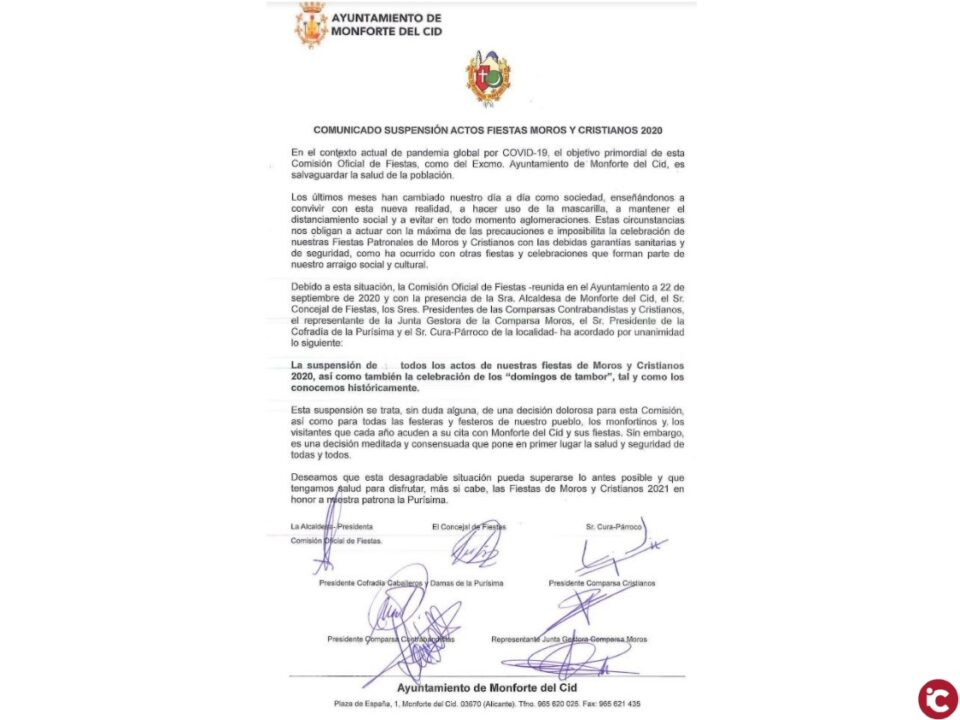 El Ayuntamiento de Monforte del Cid y la Comisión Oficial de Fiestas han acordado de forma unánime la suspensión de todos los actos de las fiestas