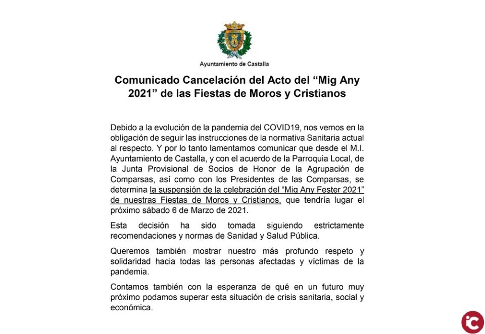 LAjuntament de Castalla informa de la cancel·lació del Mig Any 2021