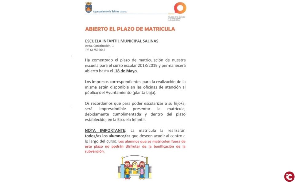 Abierto el plazo de matrícula de la Escuela Infantil Municipal de Salinas para el curso 2018/19