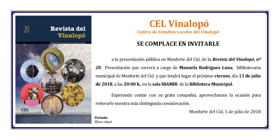 Presentación de la Revista del Vinalopó nº 20