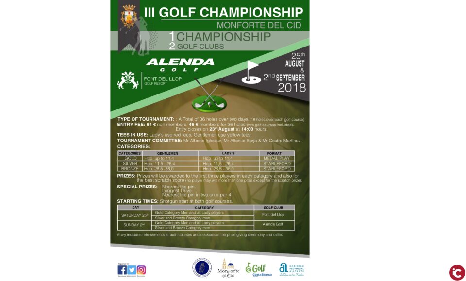 El Ayuntamiento de Monforte del Cid ha dado a conocer las fechas del III Torneo de Golf Villa de Monforte del Cid los días 25 de agosto y 2 de septiembre de 2018