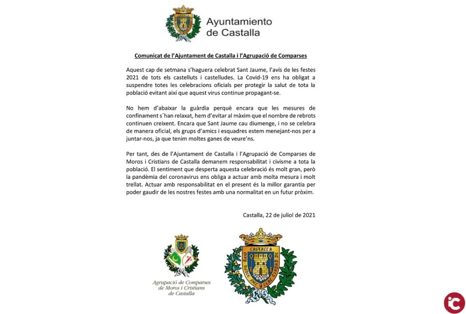 Comunicat oficial de l'Ajuntament de Castalla amb motiu de la no celebració de la festivitat de Sant Jaume