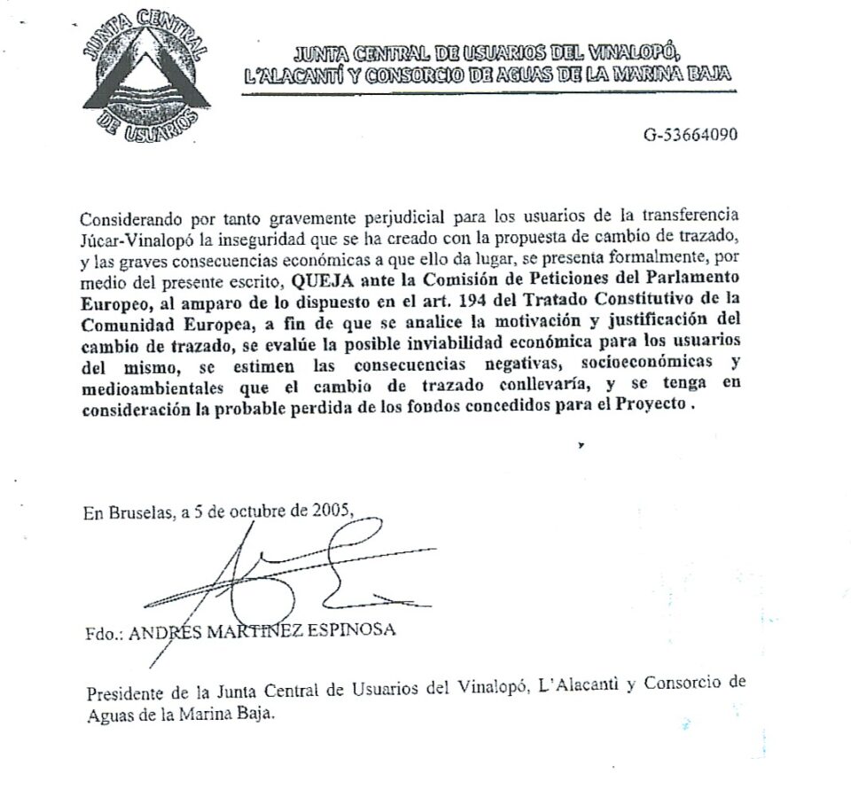 La Comisión de Perticiones del Parlamento Europeo inicia la investigación de la modificación del Proyecto Original Conducción Júcar-Vinalopó.