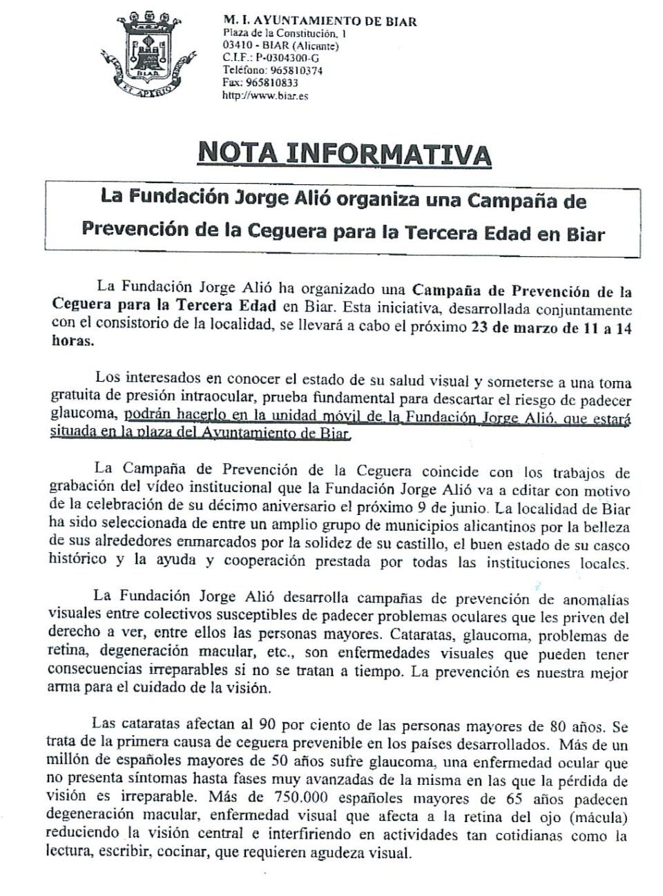 LA FUNDACIÓN JORGE ALIÓ ORGANIZA UNA CAMPAÑA DE PREVENCIÓN DE LA CEGUERA PARA LA TERCERA EDAD EN BIAR